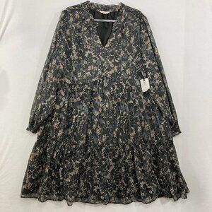 New Terra & Sky Size 3X Black Tan Floral V Neck Tiered Midi Dress Feminine